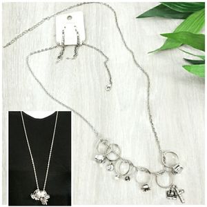 New CILLA 7 Rings Pendant Necklace & Earrings Set in silver tone